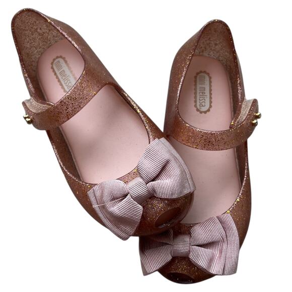 Mini Melissa Ultragirl Glitter Bow Peep Toe Mary Jane Shoes Kids Sz 9 - Picture 2 of 5